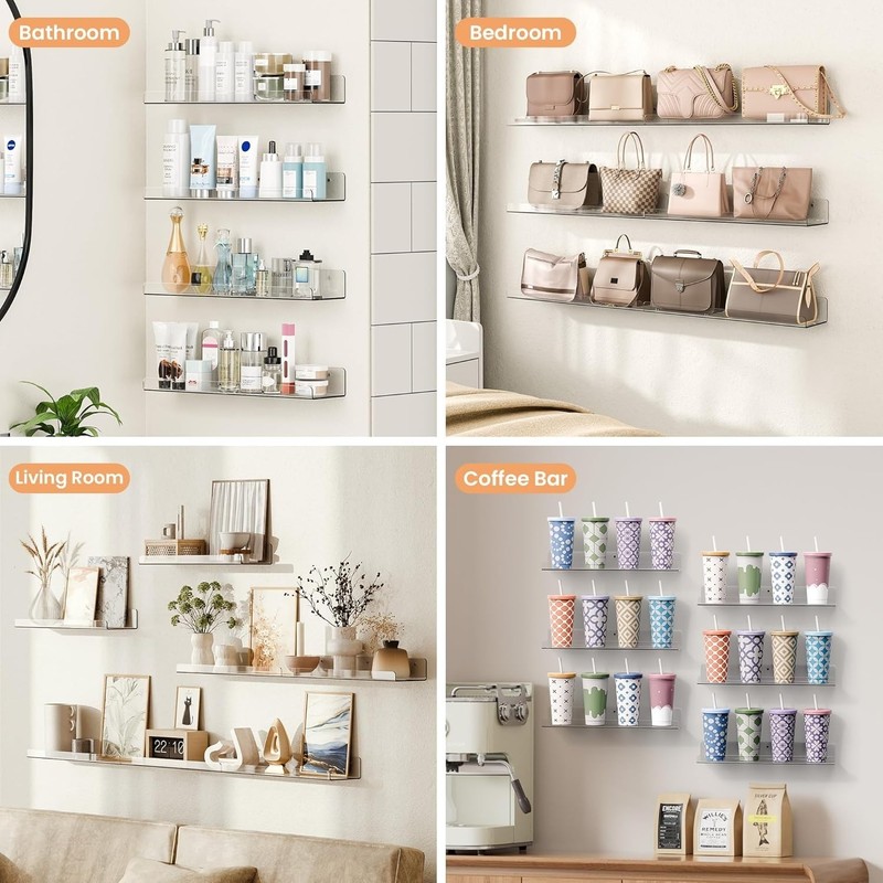 upsimples 6 Pack Acrylic Floating Wall Shelves 15" x 4“ - Clear gallery