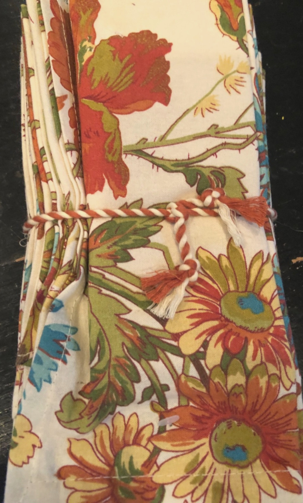 S/10 April Cornell WILDFLOWERS Rust, Green, Blue, Cream Dinner Napkins -- NWT gallery