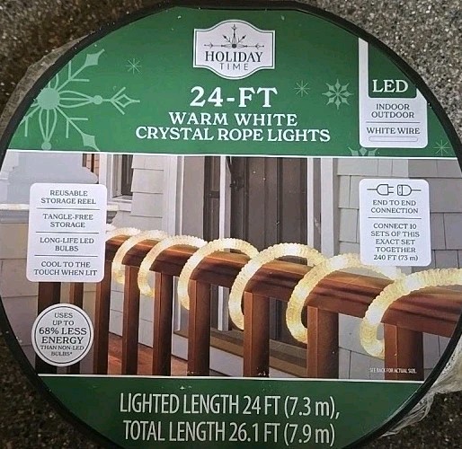 New Holiday Time Warm White LED Crystal Rope Light with White Wire, 24' gallery
