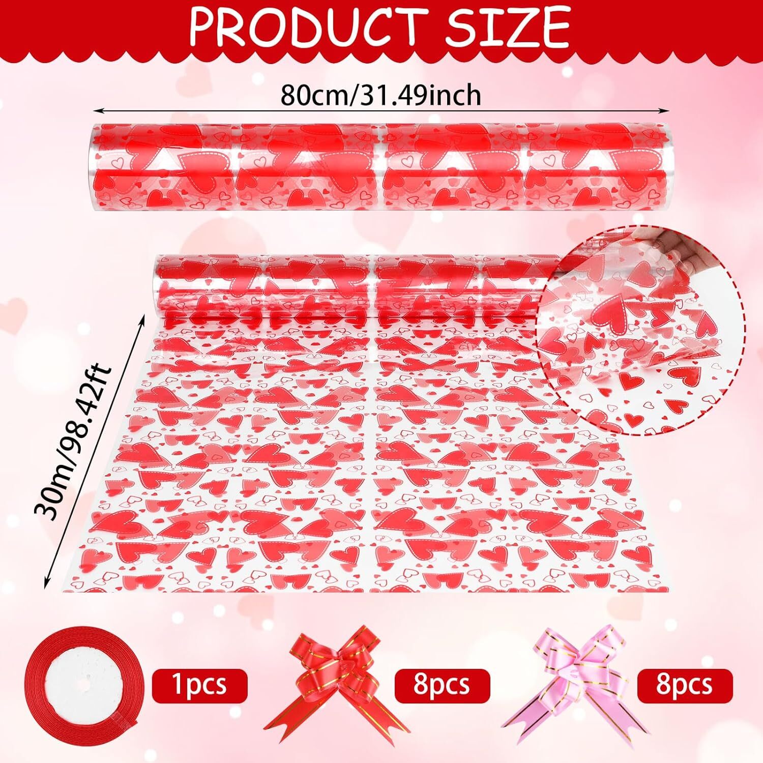 Heart Cellophane Wrap Roll32in x 98ft Valentine's Day Clear Cellophane Gift B... gallery