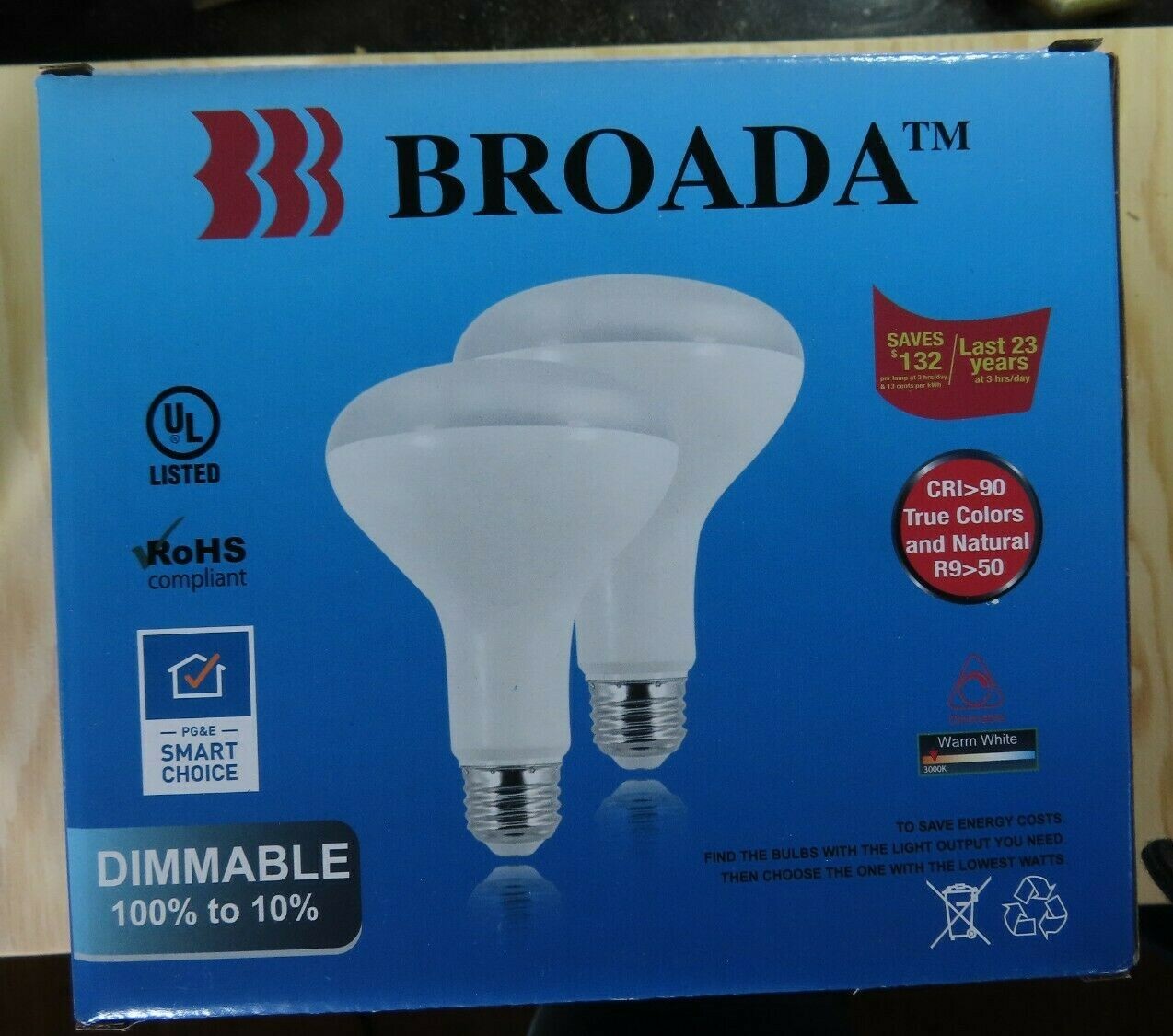 2 Broda LED flood lamp bulbs 9W 650 lumen 65 watt equiv dimmable warm white 110° gallery