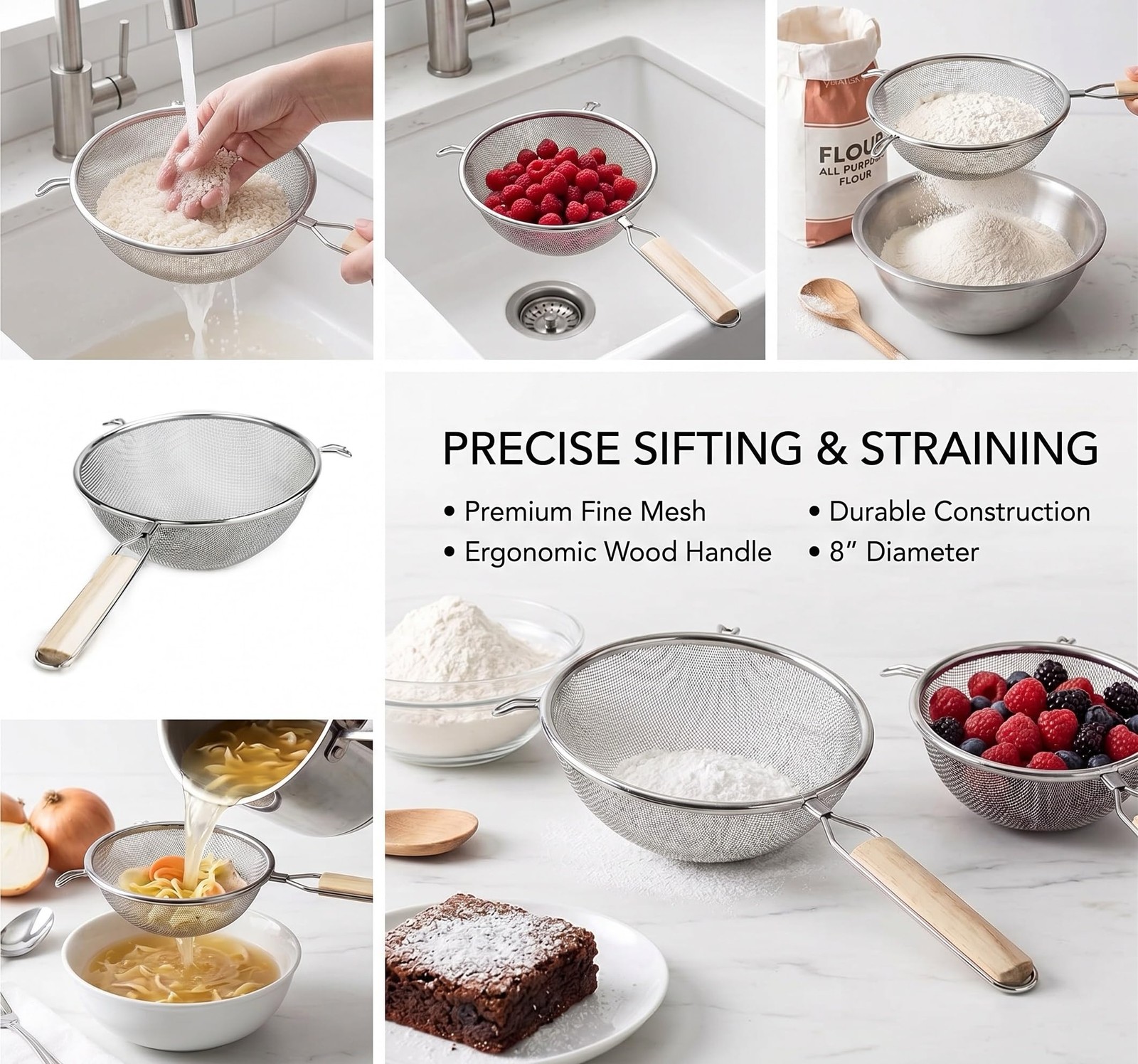 Huji 8-Inch Stainless Steel Double Mesh Food Strainer Colander - Fine Sieve Sift gallery