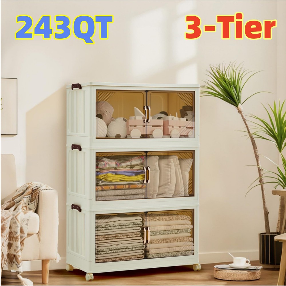 3-Tier 243QT Stackable Storage Bins Fold Storage Box w/ Magnetic Doors & Wheels