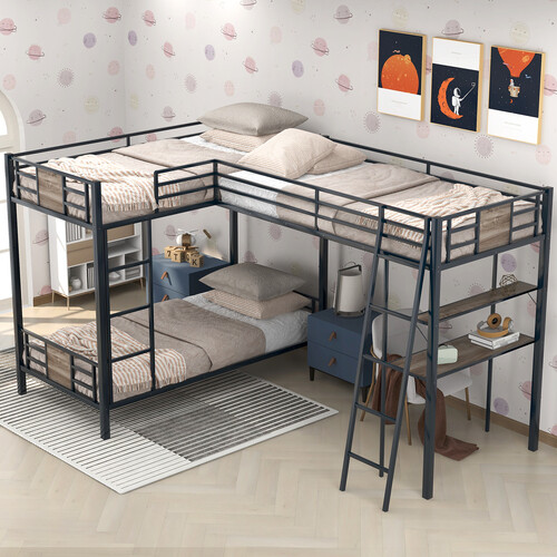 Heavy Duty Triple Bunk Bed L-shaped Metal Bed Frames Loft Bed w/ Desk and Shelf gallery