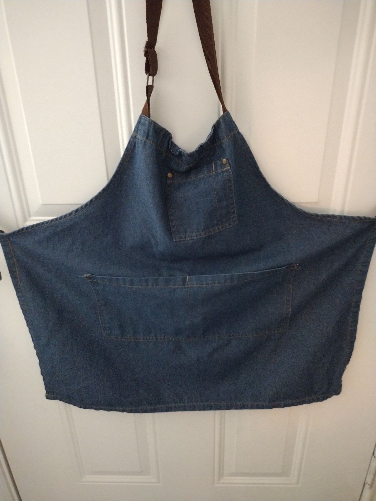 Blue Cotton Denim Apron With Pockets And Adjustable Neck Strap, Brown Straps gallery