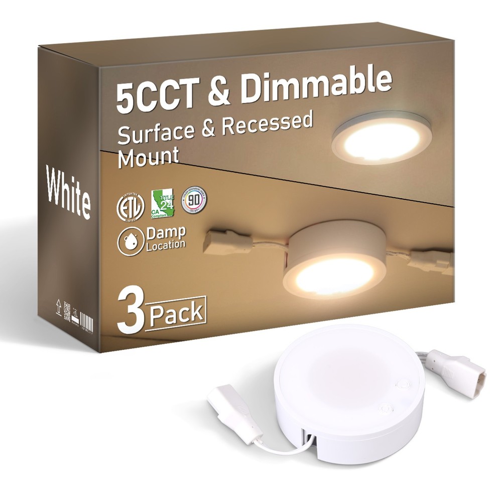 3 Pack 5W 5CCT LED Puck Lights, Surface or Recessed Mount Under Cabinet Light