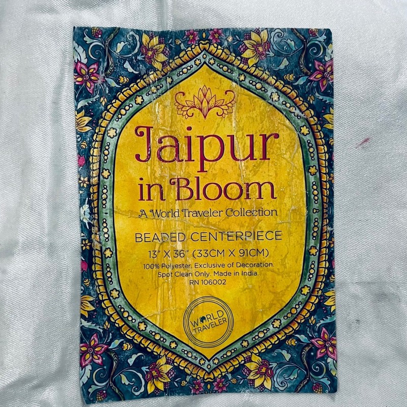 Jaipur in Bloom Beaded Table Runner Centerpiece 13 x 36 Aqua White Silver Floral gallery