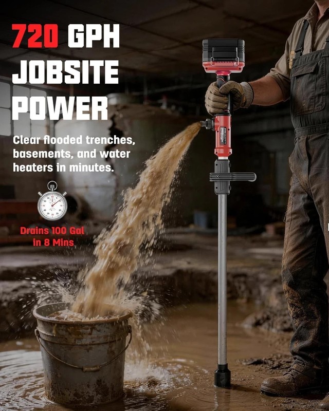 Cordless Stick Water Transfer Pump Compatible with Milwaukee M18 18V Battery (To gallery
