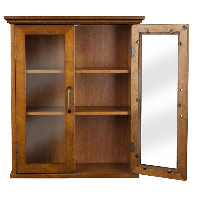 Kitchen Bathroom Wall Cabinet with Adjustable Shelves Brown Wood Glass Cupboard gallery