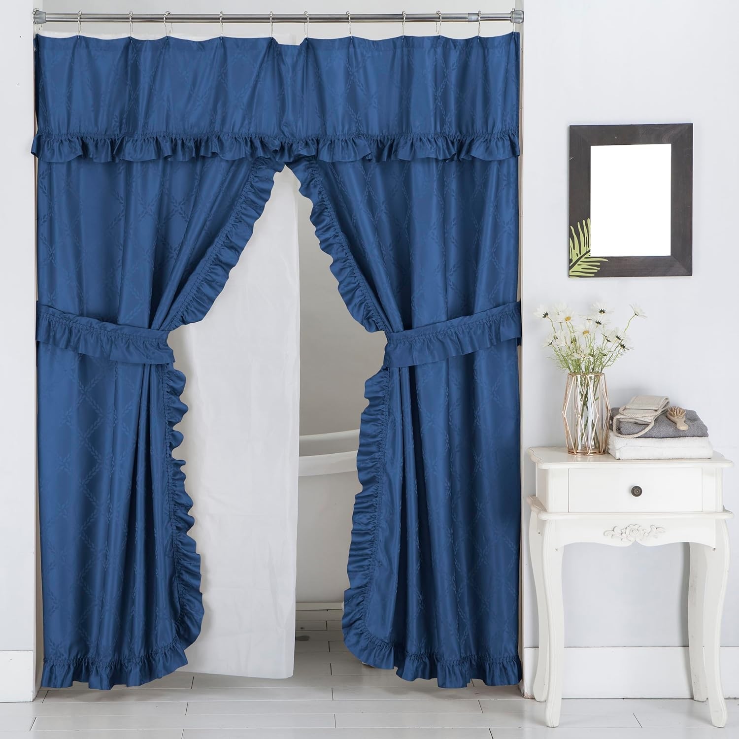 Double Swag Ruffled Fabric Shower Curtain Set, PEVA Liner and Roller Rings gallery