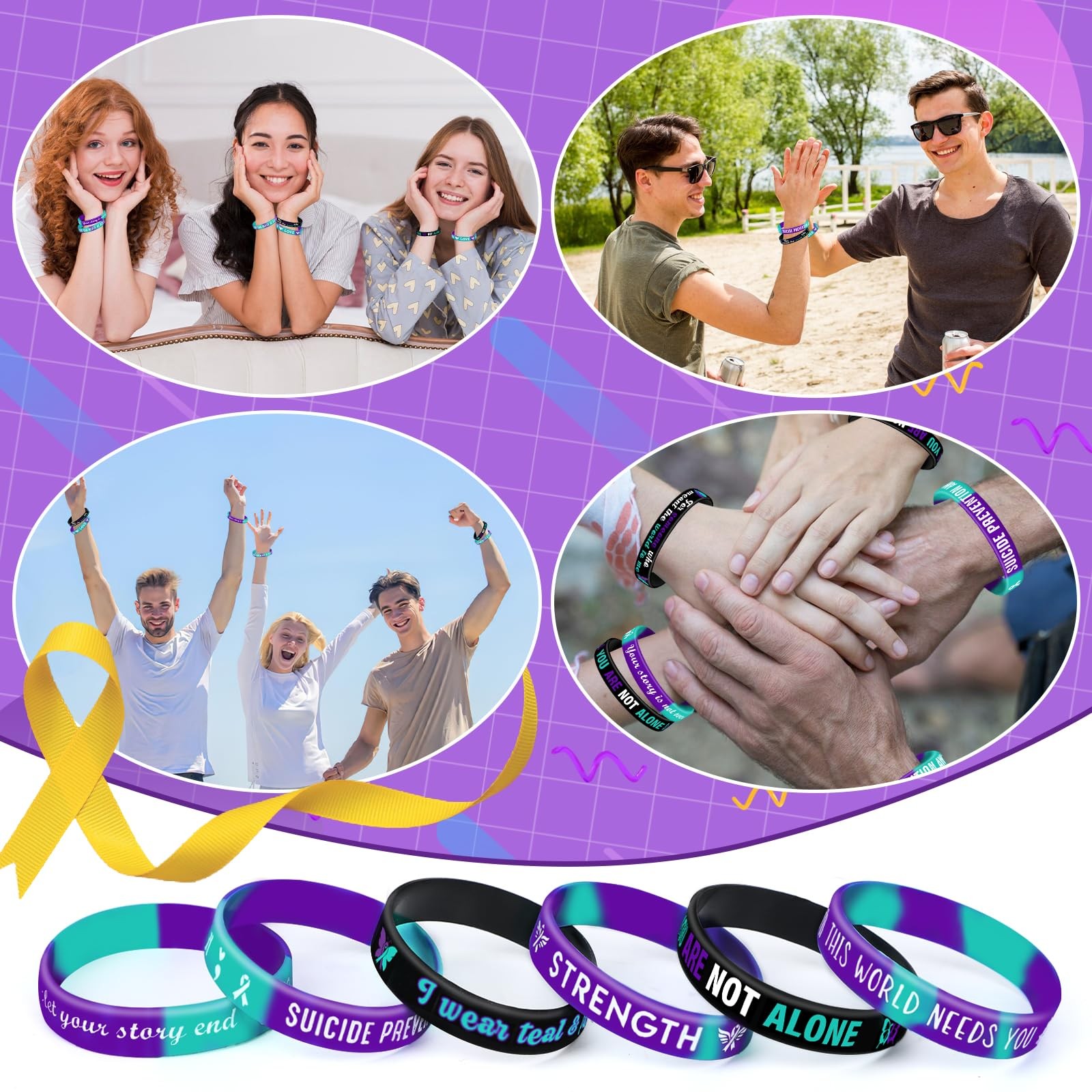 42pcs Suicide Prevention Awareness Silicone Bracelets Purple Teal Ribbon gallery
