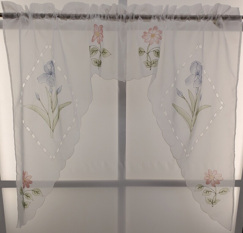Iris Airbrushed Hand Cutwork Floral Sheer Toppers Swag or Valance VINTAGE White gallery