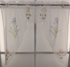 Iris Airbrushed Hand Cutwork Floral Sheer Toppers Swag or Valance VINTAGE White
