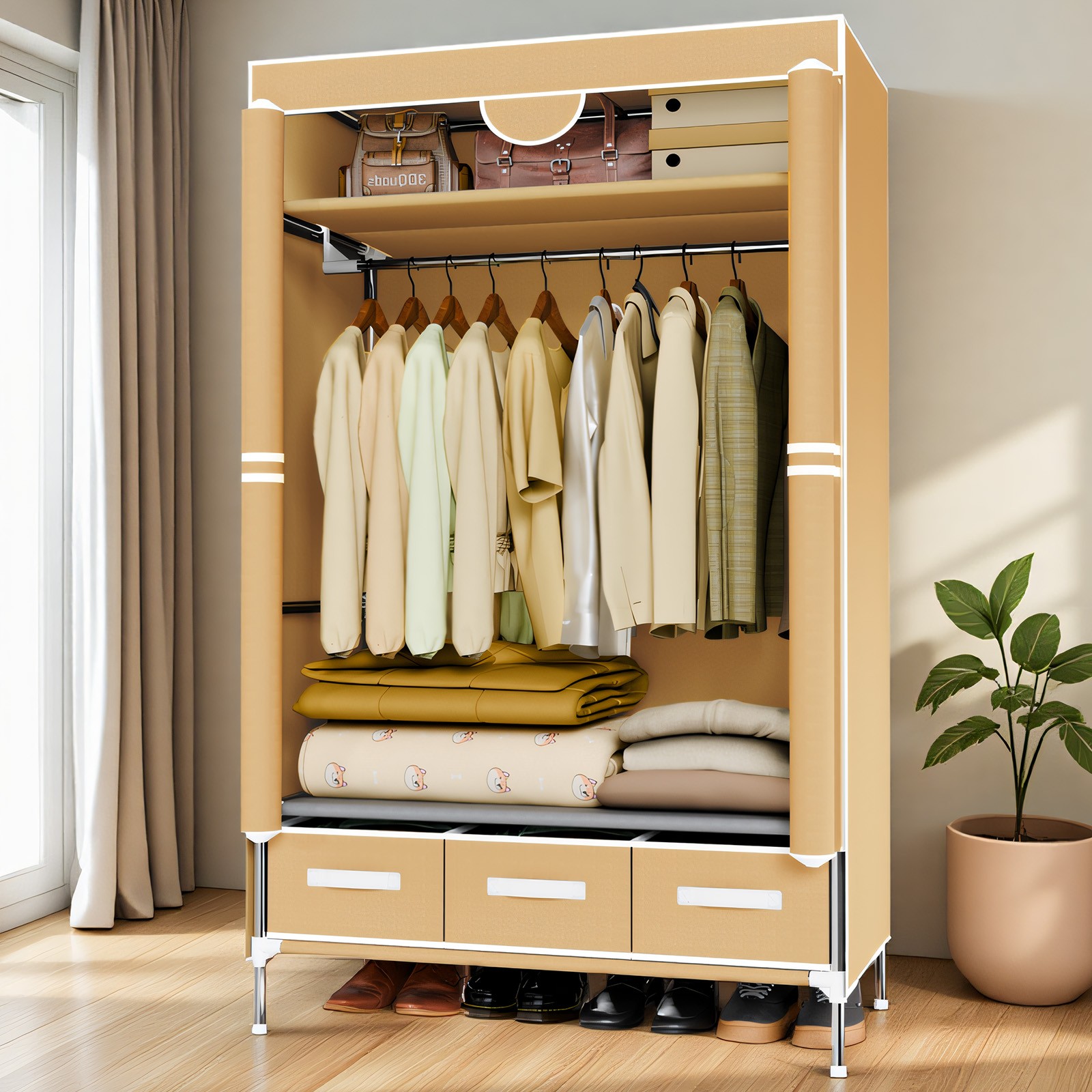 Portable Closet Wardrobe Clothes Rack Storage Organizer Shelf Stand w/ 3 Drawers gallery