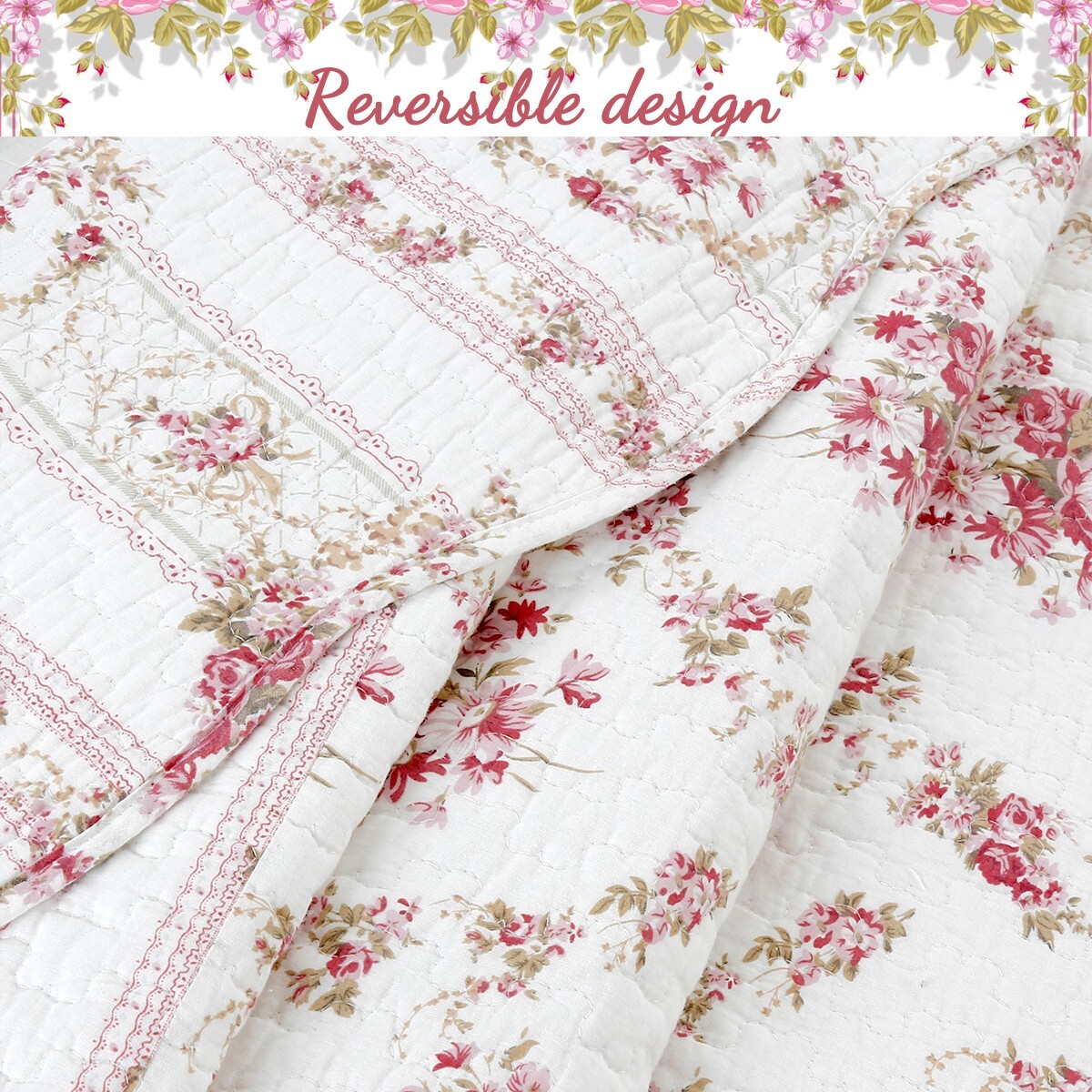 Fuchsia Red Rose White Floral Printed Reversible Cotton Quilted Throw gallery