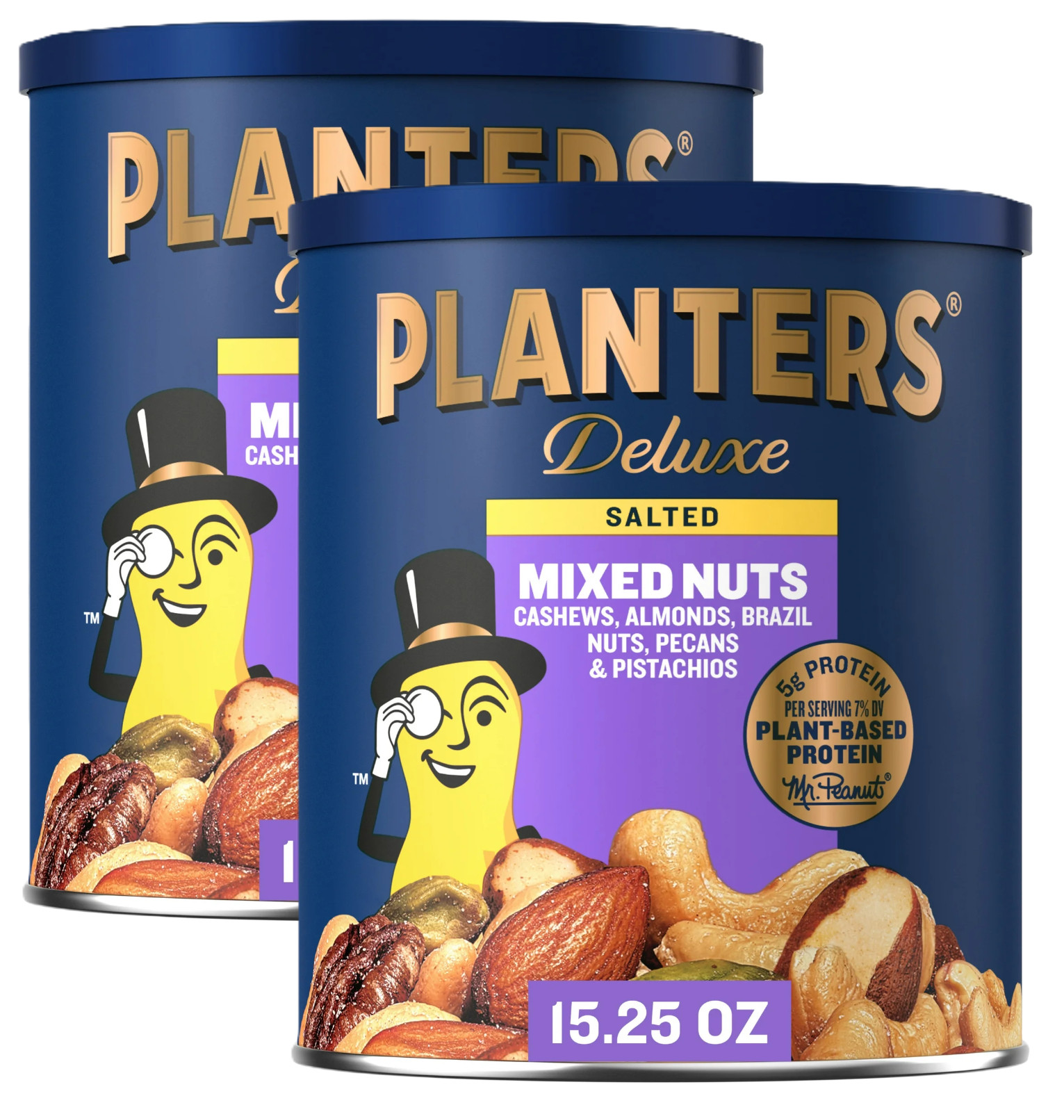 2pk Planters Deluxe Mixed Nuts with Hazelnuts, Plant Based Protein, 15.25 oz gallery