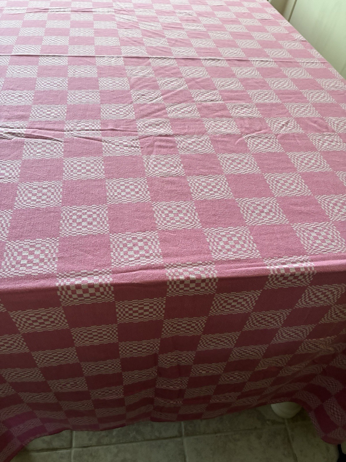 So Cute!!! 62” By 94” Pink Checked Tablecloth Made In Hungary gallery