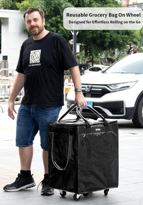 Large,Black) Reusable Grocery Bag on Wheels, Foldable Rolling Tote, Carries Up gallery