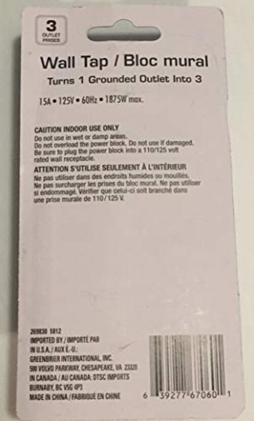 3-Outlet Wall Tap - 15A 125V (1875W Max) - ETL Listed - Indoor gallery