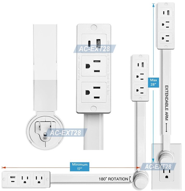 AC Outlet Extender Max 28" With 2 Outlets 2 USB Ports For Tight Hidden Areas gallery