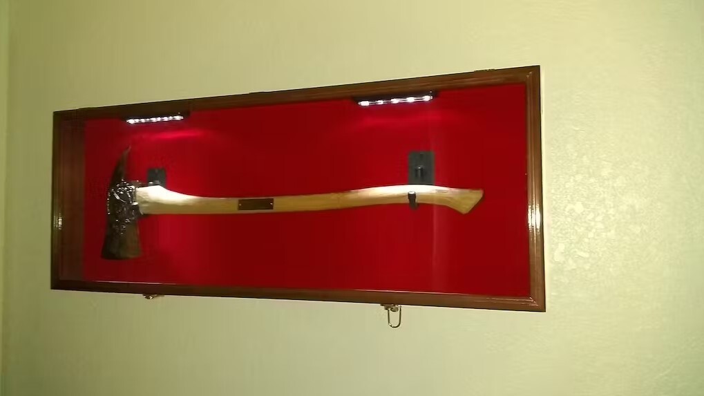 Axe Display Case Walnut LED Light Firefighter Fireman Badge Medal Wood Cabinet gallery