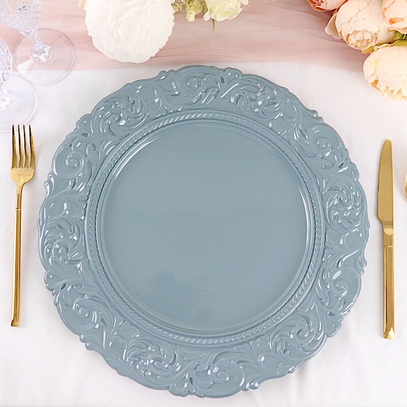 6 DUSTY BLUE 14" Round Baroque Metallic Charger Plates Wedding Light Gray gallery