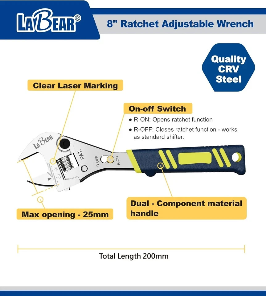 LABEAR- 8 Inch Long X 1Inch(25Mm) Adjustable Ratchet Wrench gallery