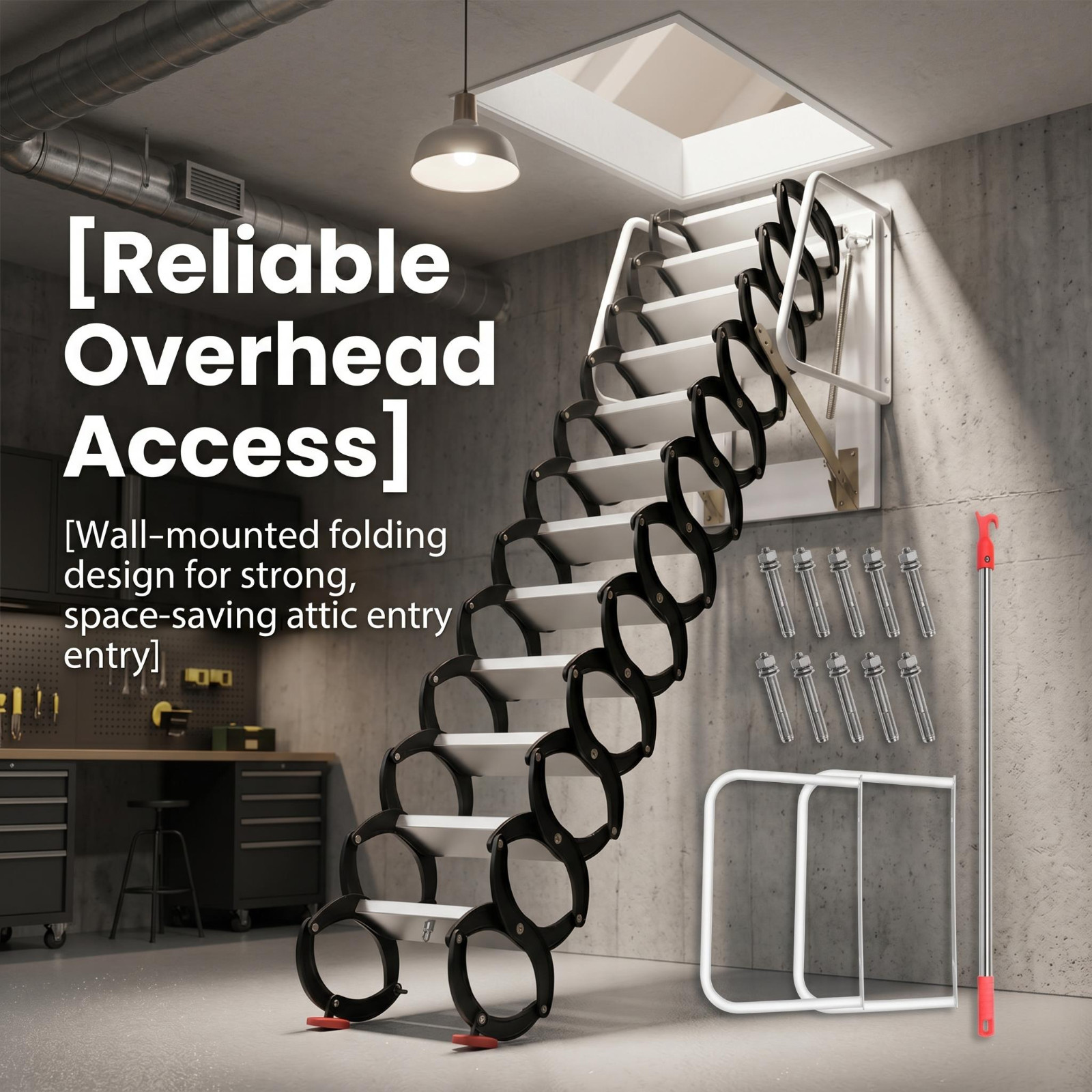 12 Steps Wall Mounted Folding Ladder Loft Stairs White Attic Steps Pull Down gallery