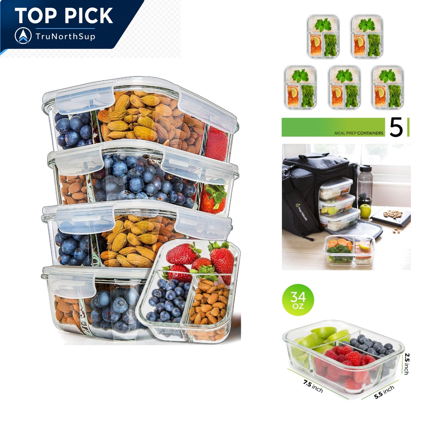 Glass Meal Prep Containers 34oz 5 Pack Oven Microwave Freezer Safe BPA-Free gallery
