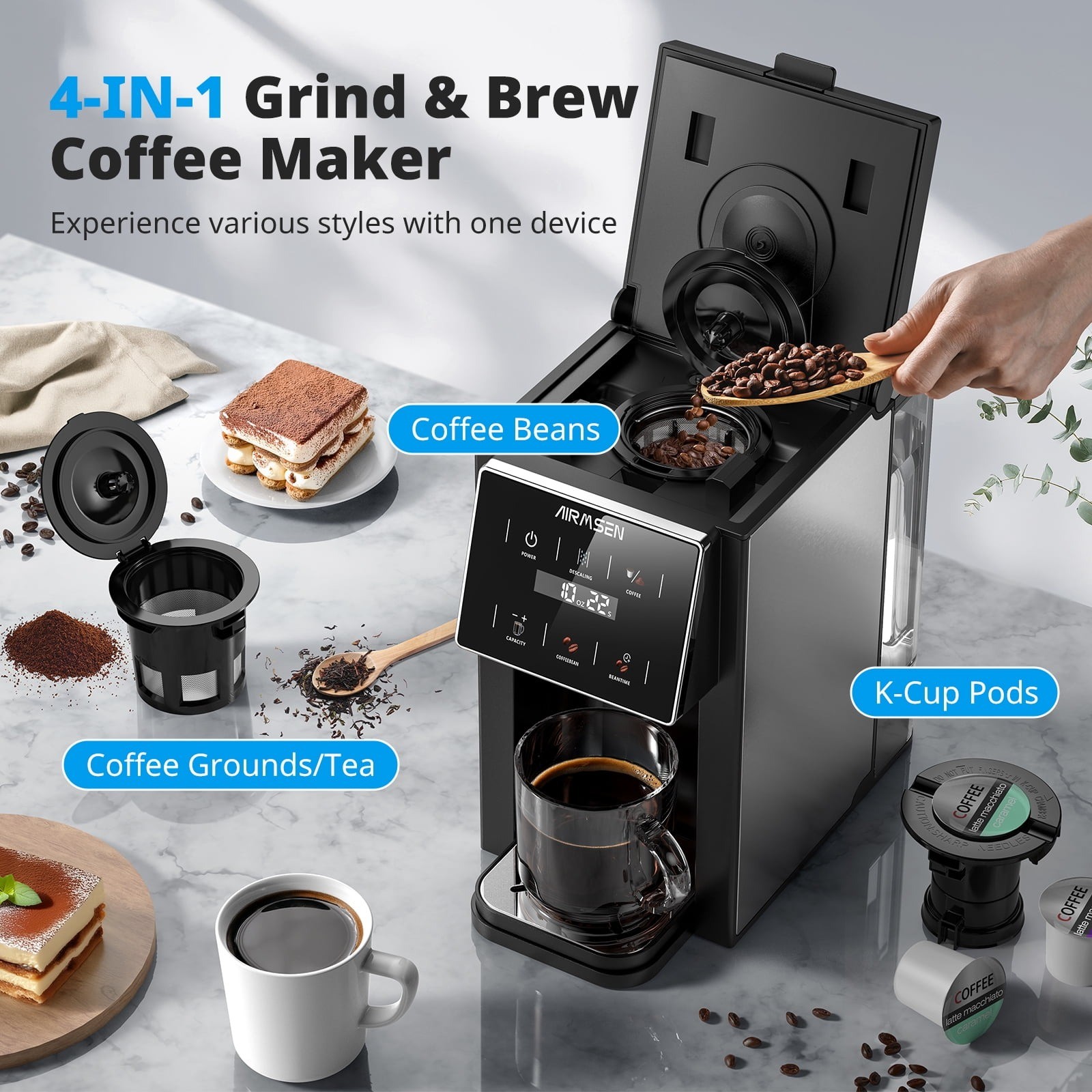 AIRMSEN CGM511 Grind & Brew Coffee Maker with Built-in Grinder, Black gallery