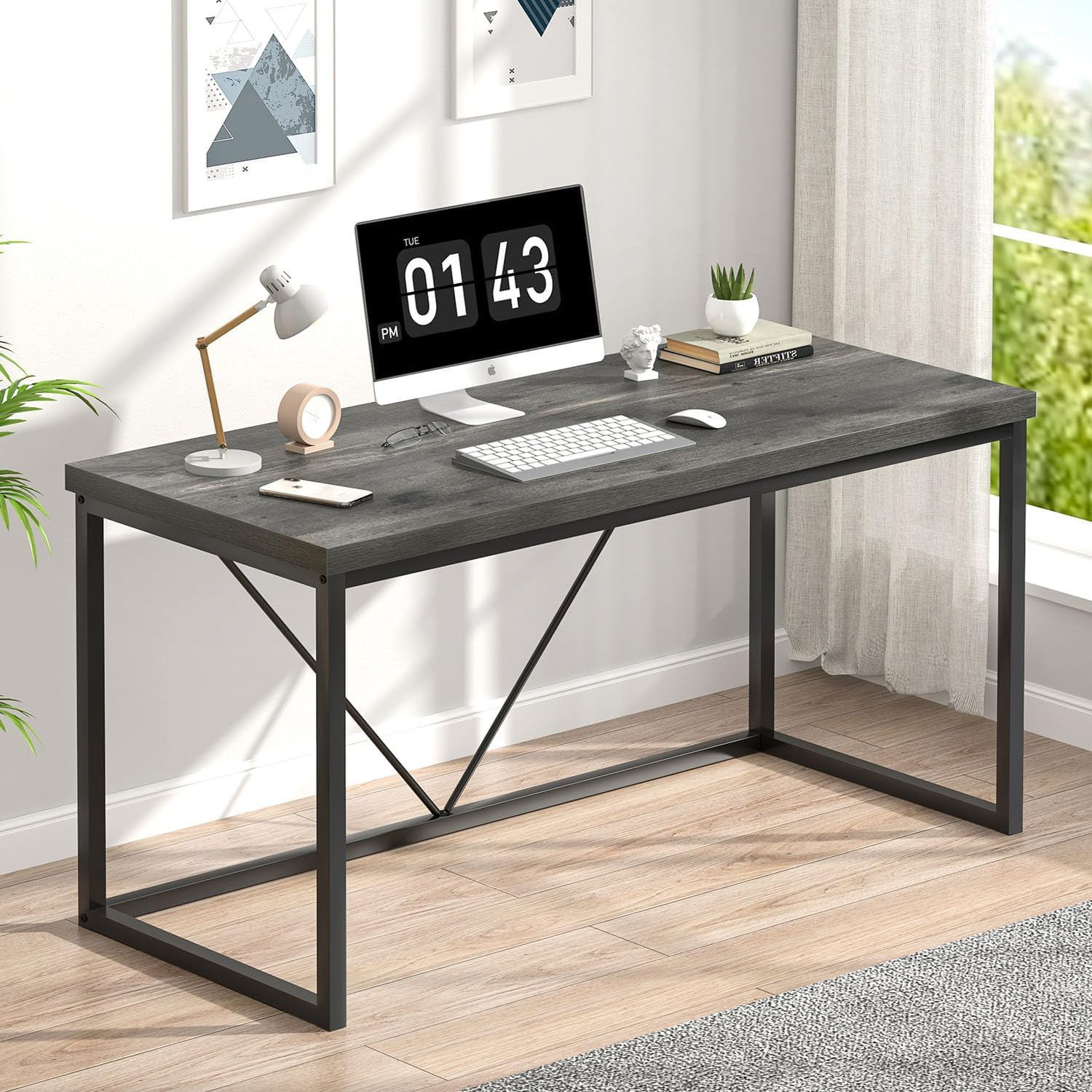 Rustic Grey 53" Modern Wood & Metal Home Office Desk for Study & Gaming gallery