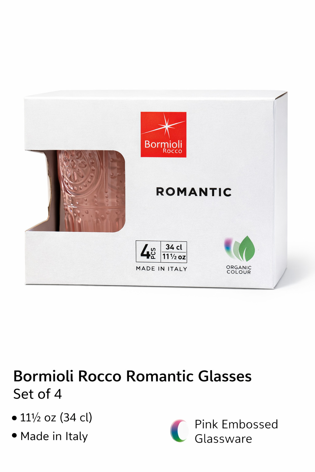 Bormioli Rocco Romantic 4-Piece 11.5 Oz Tumbler Set, Pink Crystal Glass, Italy gallery
