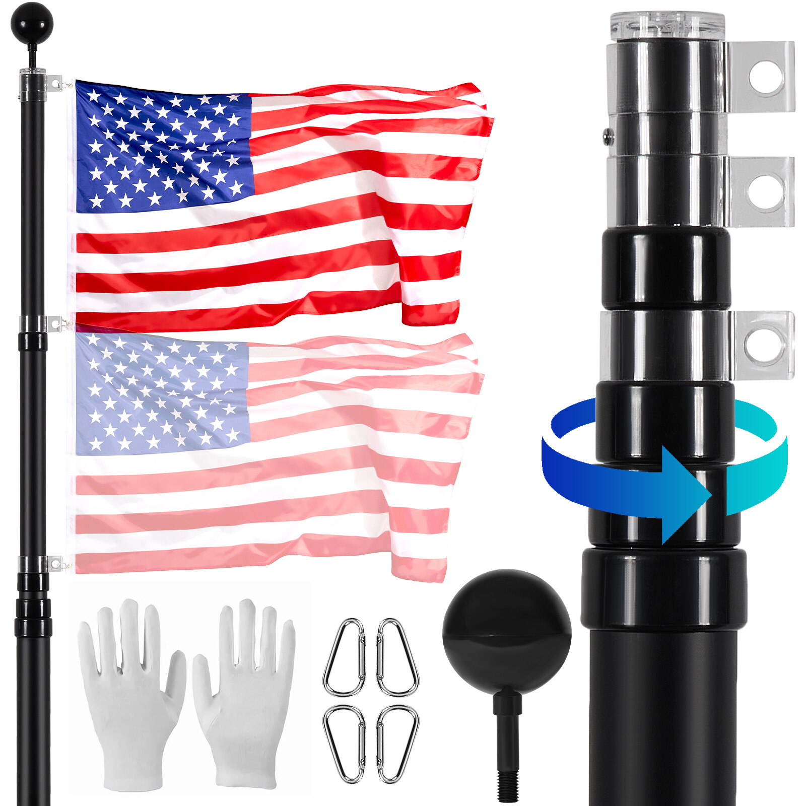 VEVOR 25FT Telescopic Flagpole Kit Heavy Duty Aluminum Flag Pole American Black gallery