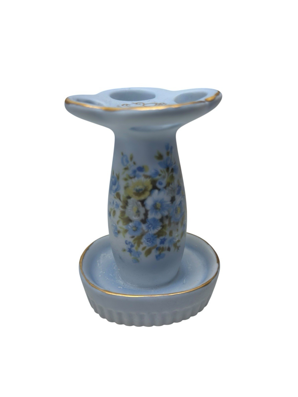 Vintage Porcelain Toothbrush Holder Blue Floral Gold Trim Cottagecore Bath gallery