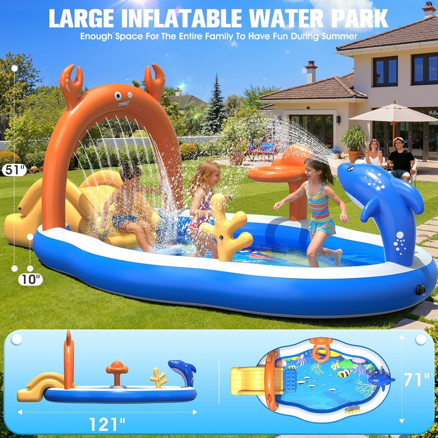 2026 Large Inflatable Play Center,Kiddie Pool with Water Slide&Sprinkler,121''X7 gallery