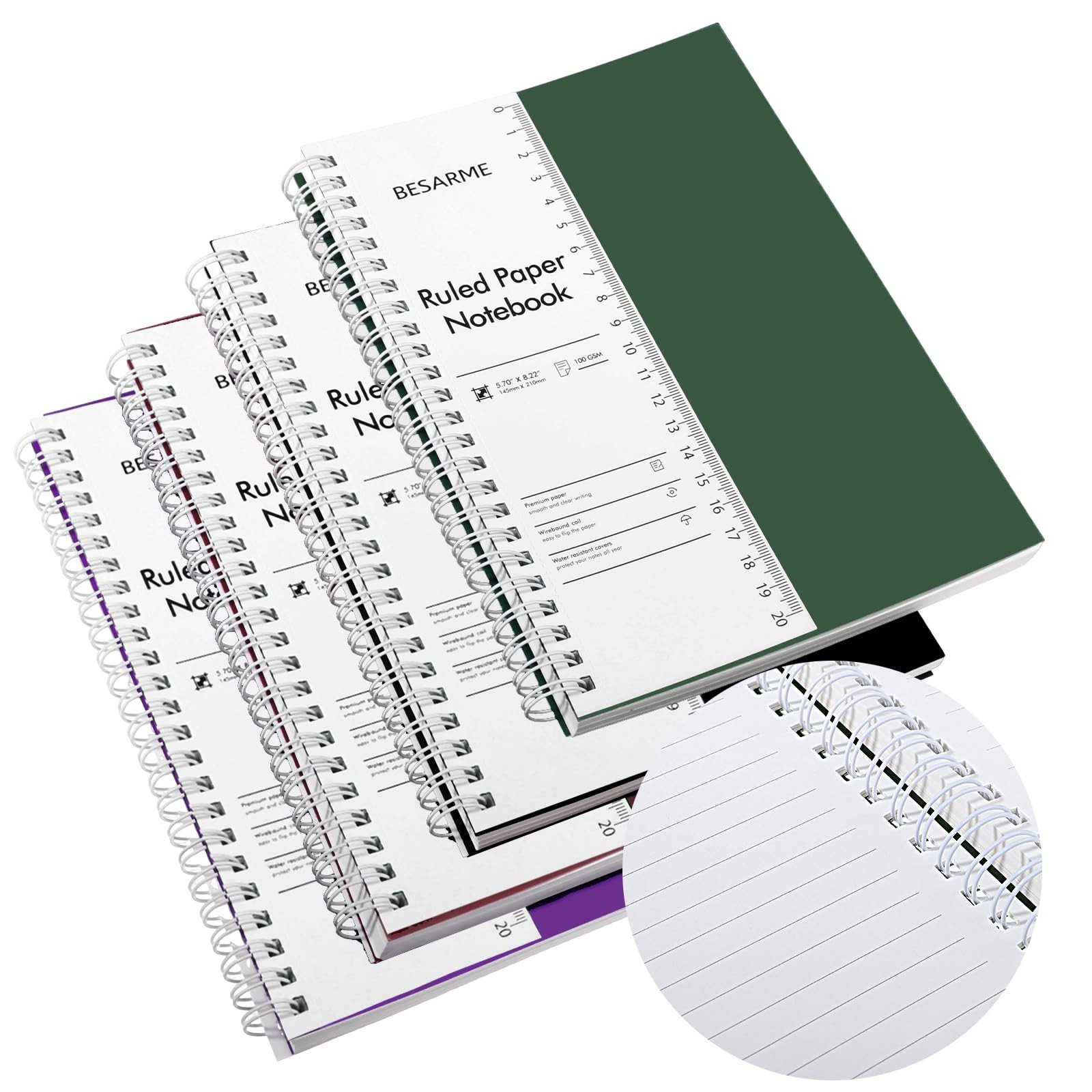 BESARME 4 Pack College Ruled Black, dark purple, green, brown-red gallery