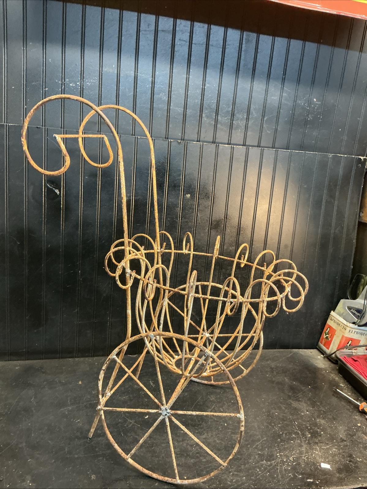Vintage Victorian Style Wire Garden Planter Cart Lg 11in Pot Size 30in x 18in gallery