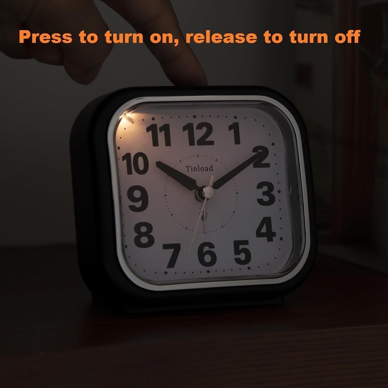 Tinload 4.3" Silent Analog Alarm Clock Big Numbers Battery Operated Black Square gallery
