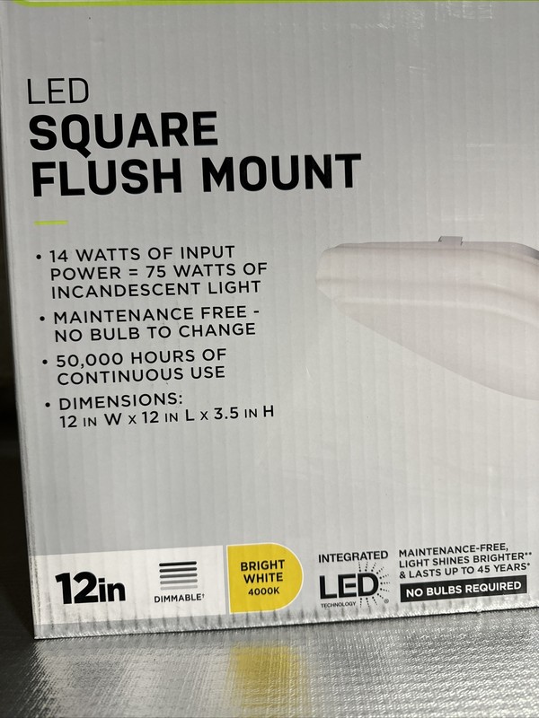 (2-Pk) Hampton Bay 12" Square LED Flush Mount Ceiling Light 4000K Bright White gallery