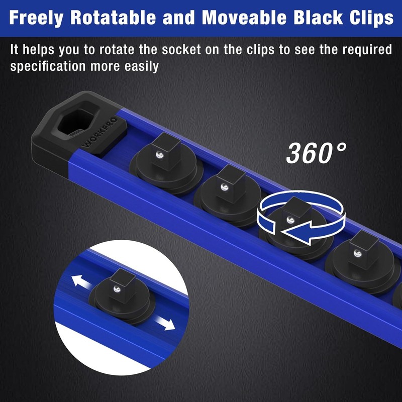 WORKPRO MultiColor 1/4'' Dr Magnetic Socket Organizer Aluminum Alloy Socket Rail gallery