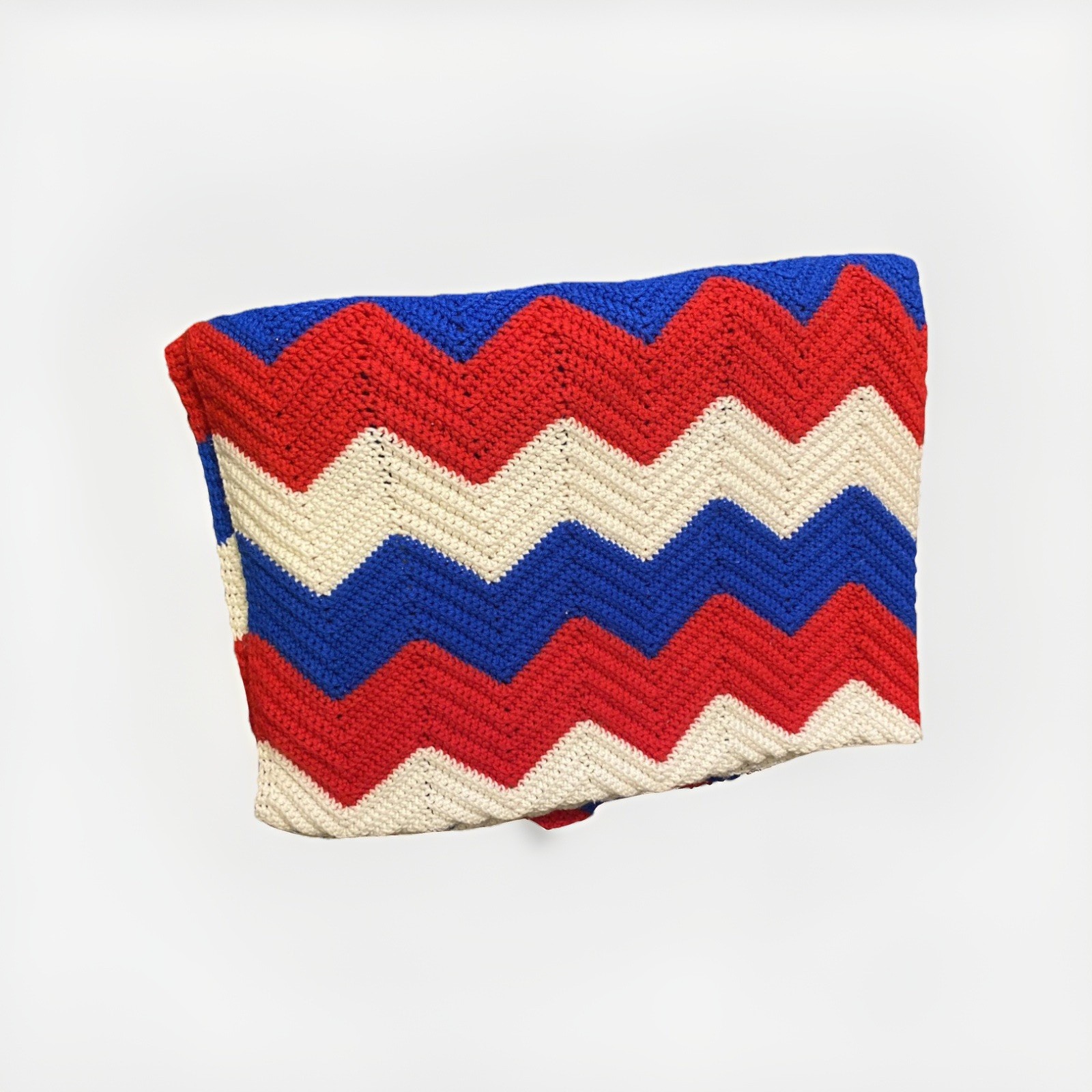 Hand Crocheted Blanket Afghan Throw Red White Blue 70x47 Vintage gallery