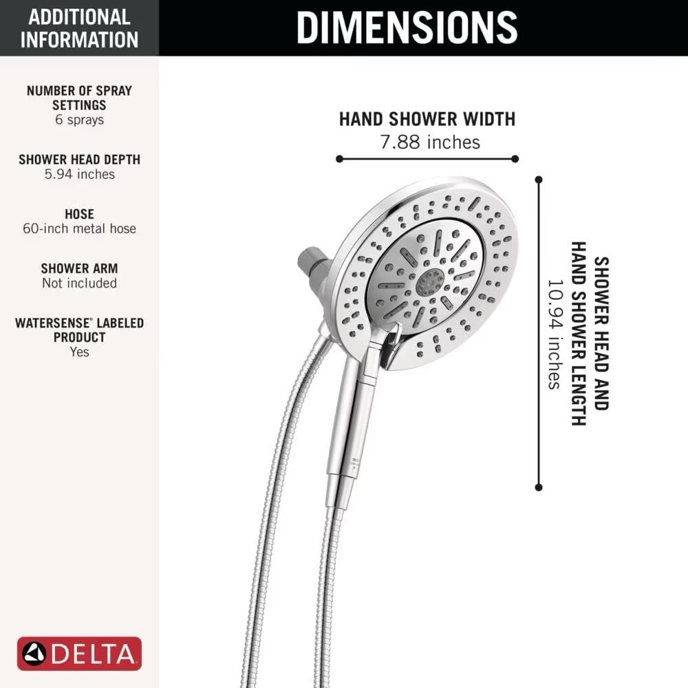 Delta 6-Setting In2ition 2-in-1 Dual Shower Head w/ProClean #75655 Chrome NEW gallery