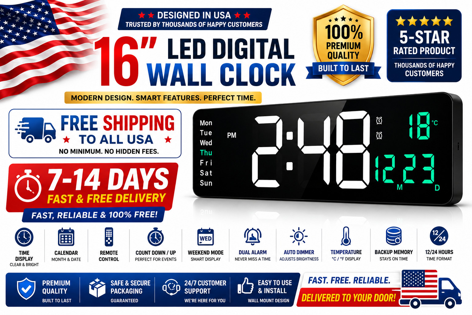 Modern 16" Large LED Digital Wall Clock Creative Home Decor Remote Smart Alarm gallery
