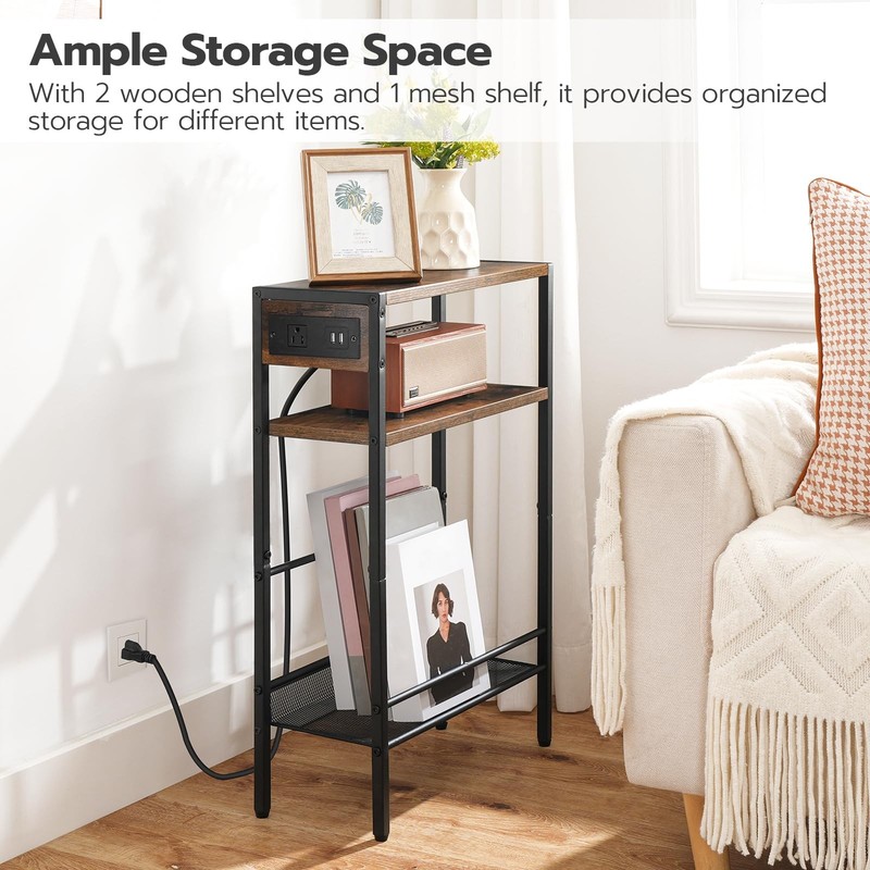 Narrow Side Table, Charging Station, Rustic Brown, Black, USB, Shelf, Skinny gallery