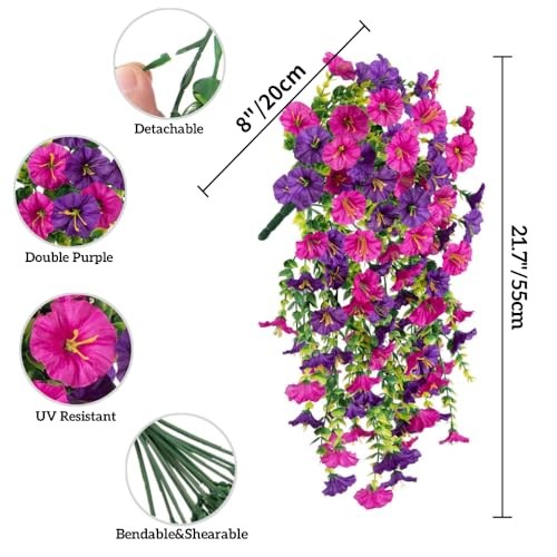 4PCS Artificial Hanging Flowers for Outdoor Decor UV Resistant Double Purple gallery