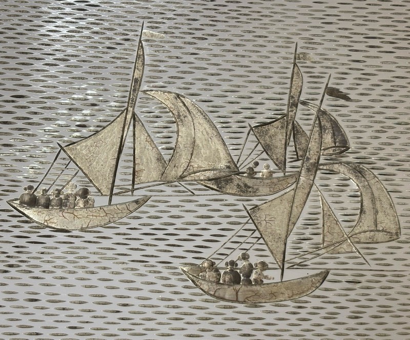 Vintage 1930s Reverse Engraved Glass & Eglomise Wall Mirror Signed Seascape gallery