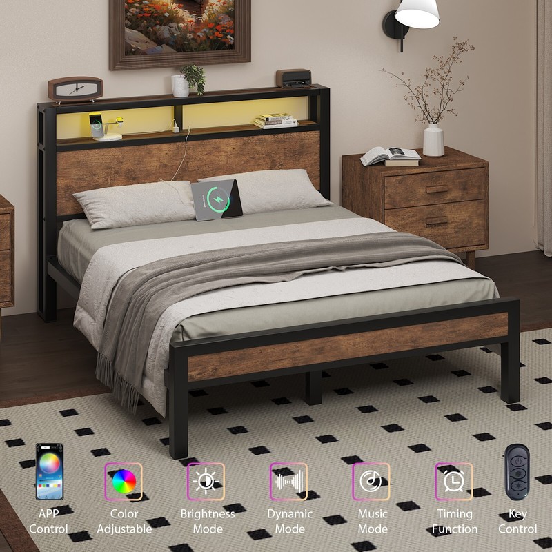 Full Size Bed Frame Heavy Duty Platform Bed with Storage Headboard and LED Light gallery