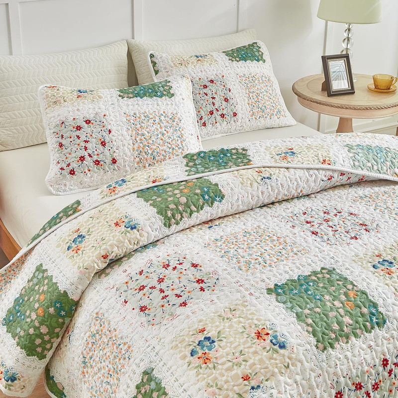 3 Pieces Quilt Set Full/Queen, Patchwork Floral Boho Design, Soft N Cozy Microfi gallery