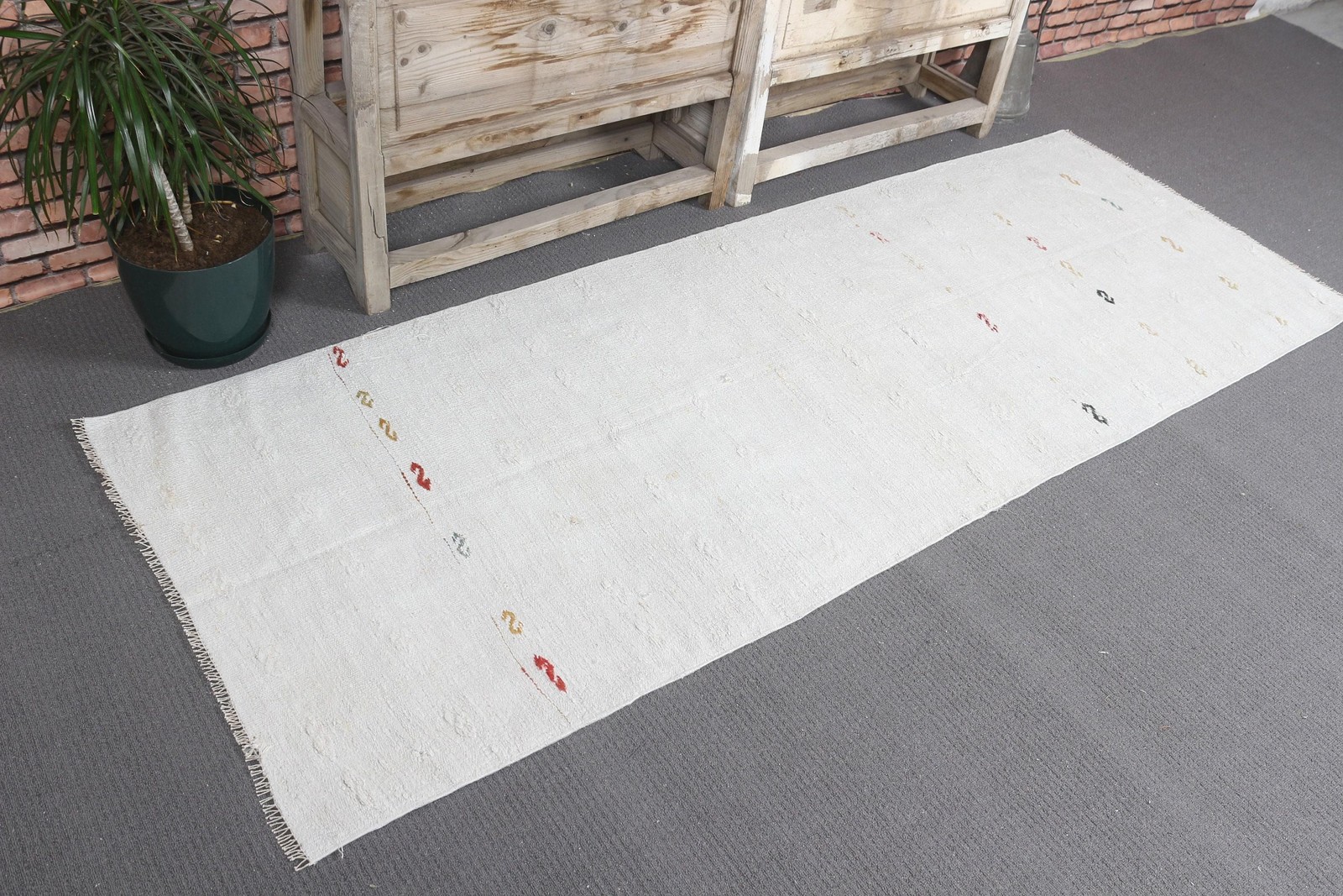2,7x7,5 ft Turkish Runner Rug, Vintage White Check Rug gallery