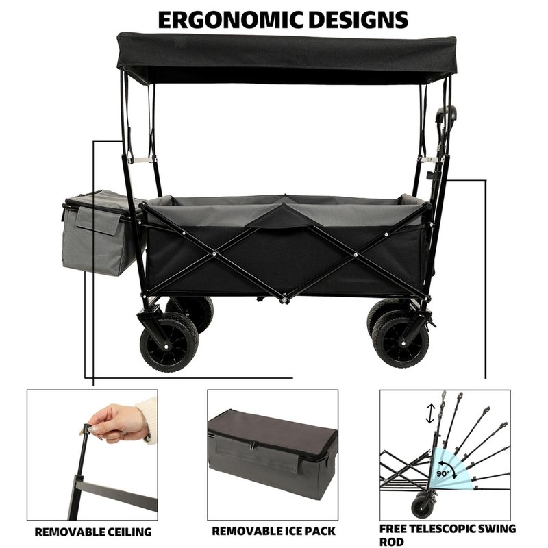 Lightweight Folding Wagon with 7" PP+PVC Wheels, 600D Fabric, Net, Great for gallery
